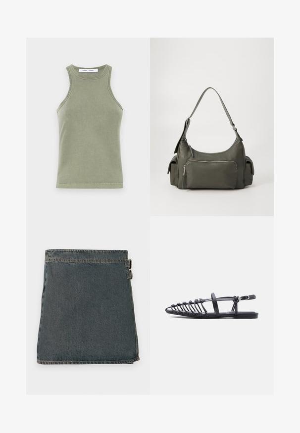Débardeur vert olive en coton doux, avec un col rond, sans manches et des bords cousus. Forme simple et ajustée.; Jupe en denim bleu foncé avec une surface texturée, dotée de deux boucles latérales et d'un ourlet droit. Coutures visibles le long des bords.; Sandale plate noire avec plusieurs fines lanières, bride à boucle à la cheville et design cage à bout ouvert sur fond blanc.; Sac à épaule en cuir vert avec un design arrondi, poche zippée à l'avant et poches supplémentaires sur les côtés. Texture lisse et matériel minimal.