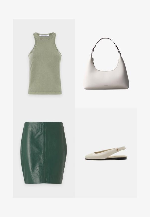 Olivengrøn tanktop lavet af blødt bomuld, med rund halsudskæring, ærmeløs design og syede kanter. Enkel, tætsiddende form.; Grøn lædermini-skjørt med en glat overflade og tætsiddende pasform. Har et sømløst design uden synlige lukninger eller hardware.; Flatsko i cremefarvet læder med rundet tå og lille guldemblem på remmen.; Cremefarvet skuldertaske i læder fra Calvin Klein med buet topkant, sølvfarvet lynlås og mørkebrun justerbar rem.