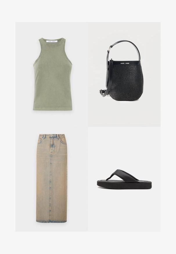 Olivengrøn tanktop lavet af blødt bomuld, med rund halsudskæring, ærmeløs design og syede kanter. Enkel, tætsiddende form.; En lang denimnederdel i lyseblå med lige snit. Har fem lommer, bæltestropper og knaplukning foran. Fadede tekstur over det hele.; Sort flip-flop med en bredt tåpost og en blød syntetisk overdel. Har en tyk gummisål med en struktureret fodseng for greb.; Sort vævet håndtaske med rundet bund, læderkant, justerbar skulderrem og Samsøe Samsøe logo på toppen af stroppen.