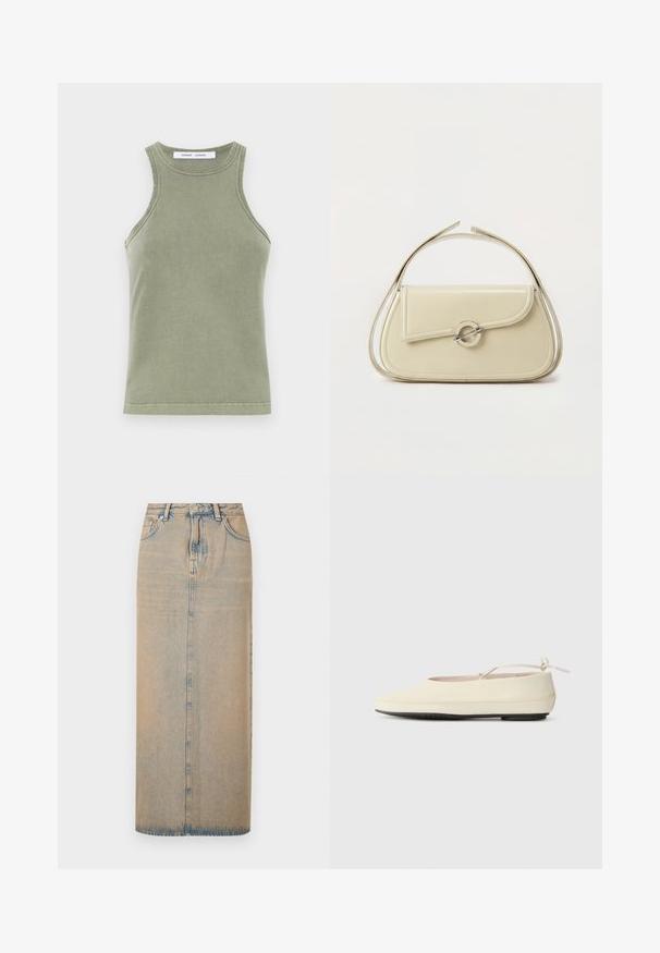 Olivengrøn tanktop lavet af blødt bomuld, med rund halsudskæring, ærmeløs design og syede kanter. Enkel, tætsiddende form.; En lang denimnederdel i lyseblå med lige snit. Har fem lommer, bæltestropper og knaplukning foran. Fadede tekstur over det hele.; Cremefarvede flade sko med rund tå, ankelrem og kontrasterende sort gummisål. Glat materiale med minimal detaljer.; Cremefarvet læderhåndtaske med buet klap, cirkulært sølvspænde og kort topstrop på en ens hvid baggrund.