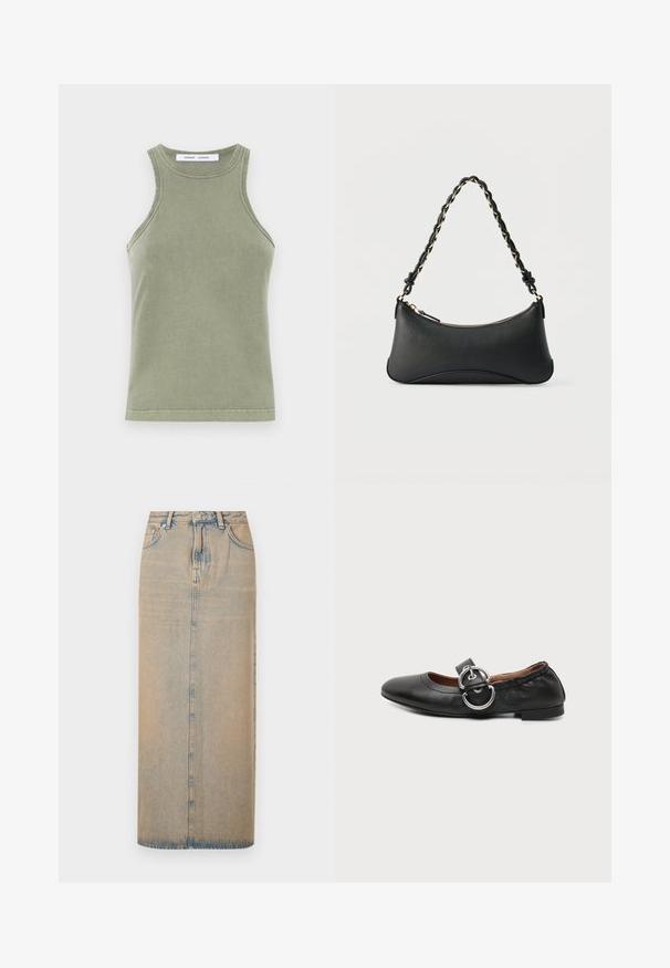Débardeur vert olive en coton doux, avec un col rond, sans manches et des bords cousus. Forme simple et ajustée.; Une longue jupe en denim bleu clair avec une coupe droite. Comprend cinq poches, des passants de ceinture et un multiplicateur de boutons à l'avant. Texture décolorée sur toute la surface.; Chaussure plate en cuir noir avec un bout arrondi et une large bride avec boucle double anneau argentée sur le dessus.; Sac à bandoulière en cuir noir de forme rectangulaire incurvée, avec une chaîne dorée tissée dans la bandoulière noire tressée et une fermeture éclair sur le dessus.