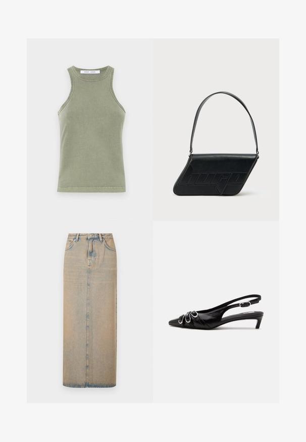 Débardeur vert olive en coton doux, avec un col rond, sans manches et des bords cousus. Forme simple et ajustée.; Une longue jupe en denim bleu clair avec une coupe droite. Comprend cinq poches, des passants de ceinture et un multiplicateur de boutons à l'avant. Texture décolorée sur toute la surface.; Chaussure slingback en cuir noir avec bout pointu, trois boucles argentées à l'avant et petit talon kitten sur fond blanc.; Sac d'épaule en cuir noir de forme triangulaire, avec un logo embossé et une seule bandoulière réglable. Design minimaliste avec une texture lisse.