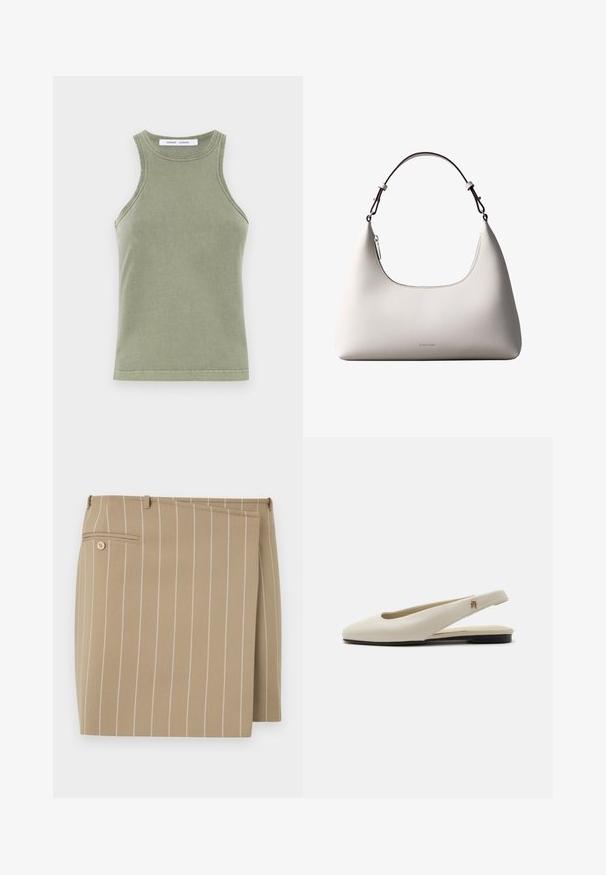 Débardeur vert olive en coton doux, avec un col rond, sans manches et des bords cousus. Forme simple et ajustée.; Jupe beige avec des rayures blanches verticales, en tissu texturé. Présente un rabat à l'avant et une poche arrière avec un détail de bouton.; Chaussure plate slingback en cuir couleur crème avec un bout arrondi et un petit emblème doré sur la bride.; Sac à bandoulière en cuir couleur crème de Calvin Klein avec bord supérieur incurvé, fermeture éclair argentée et sangle ajustable brun foncé.