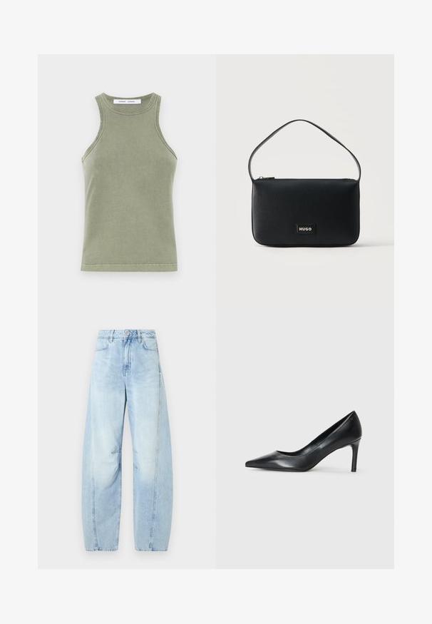 Olivengrøn tanktop lavet af blødt bomuld, med rund halsudskæring, ærmeløs design og syede kanter. Enkel, tætsiddende form.; Lys blå denim bredbenede jeans med høj talje, med knaplukning, forlommer og subtil falming.; Sorte læder spidse pumps med en slank hæl, glat tekstur og ingen synlige udsmykninger. Rent design med en minimalistisk æstetik.; Sort rektangulær skuldertaske i læder med en lille guld "HUGO" logo-patch og en enkelt tynd rem.