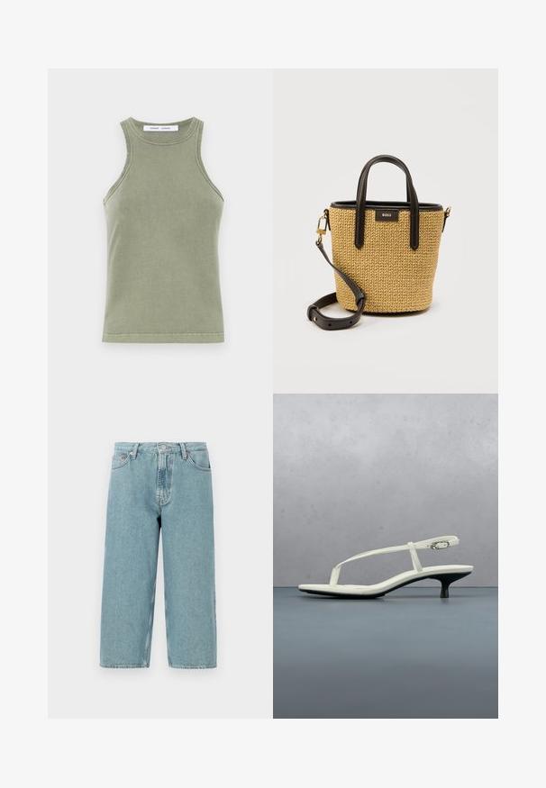 Olijfgroene tanktop van zachte katoen, met een ronde halslijn, mouwloos ontwerp en gestikte randen. Eenvoudige, getailleerde stijl.; Lichtblauwe denimshorts met een hoge taille, rechte snit en rauwe zoom. Voorzien van een klassieke knoop- en ritsluiting en vier zakken.; Witte sandaal met smalle bandjes en kitten heel, met een spitse neus, zwevend boven een houten tegelvloer buiten, met op de achtergrond een wazige plant en muur.; Kleine geweven tan handtas met zwarte leren handvatten, rand en verstelbare schouderriem, met een gouden gesp en "BOSS" label.