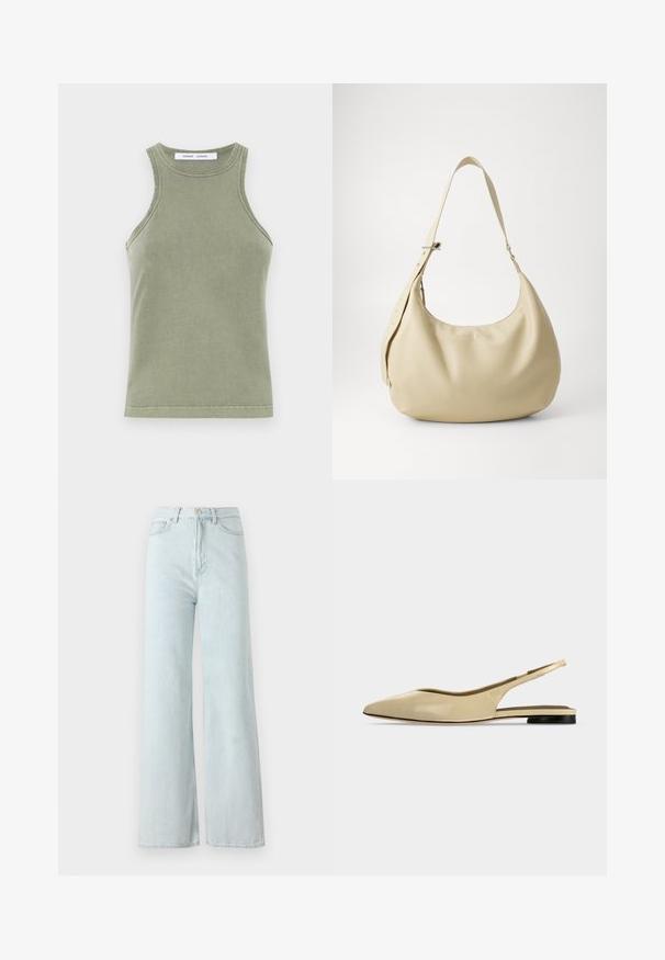 Olijfgroene tanktop van zachte katoen, met een ronde halslijn, mouwloos ontwerp en gestikte randen. Eenvoudige, getailleerde stijl.; Lichtblauwe wijde jeans met een hoge taille, gemaakt van denim stof. Heeft een knoop- en ritssluiting met voorzakken.; Beige platte slingback schoen met puntige neus, lage zwarte hak en een glad leren afwerking, zijaanzicht op een effen achtergrond.; Beige leren schoudertas met een gebogen vorm, verstelbare schouderband en reliëf logo detail, met een gladde textuur en een minimalistisch ontwerp.