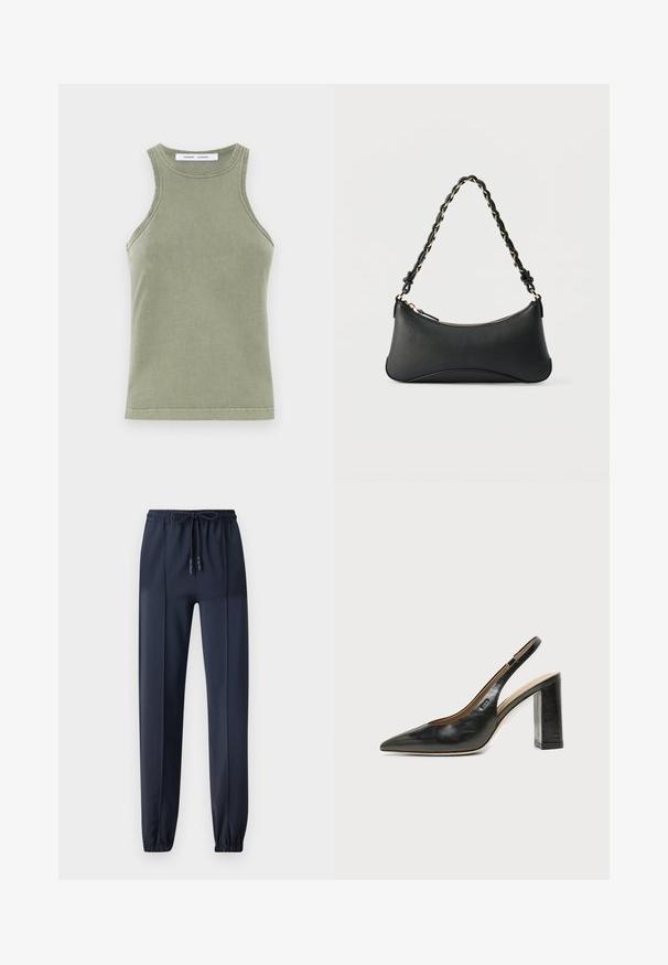 Olivgrünes Tanktop aus weicher Baumwolle, mit Rundhalsausschnitt, ärmellosem Design und genähten Kanten. Schlichte, taillierte Form.; Marineblaue Jogginghosen aus glattem, leichtem Material; mit einem elastischen Bund und Kordelzug sowie schmal zulaufenden Knöcheln.; Schwarzer Leder-Slingback-Schuh mit spitzer Kappe, hohem Blockabsatz und beigegefüttertem Innenraum vor hellem, einfarbigem Hintergrund.; Schwarze Lederschultertasche mit gewölbter rechteckiger Form, goldener Kette, die in den geflochtenen schwarzen Riemen eingewebt ist, und Reißverschlussverschluss oben.