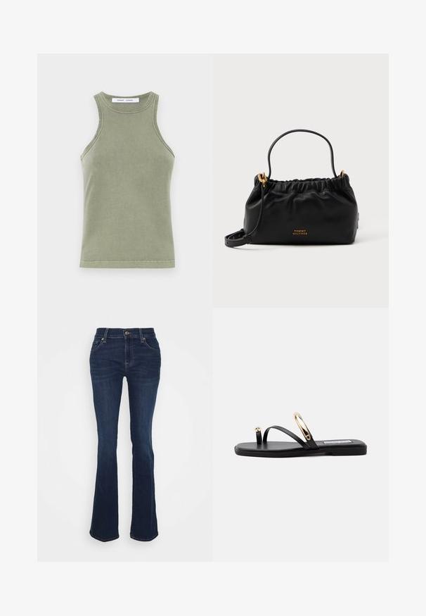 Olivengrøn tanktop lavet af blødt bomuld, med rund halsudskæring, ærmeløs design og syede kanter. Enkel, tætsiddende form.; Mørkeblå udvidede jeans lavet af denim; høj talje, fem lommer, guld hardware accenter og glat tekstur med subtil fading ved lårene.; Sort flad sandal med to tynde remme, hver med metaldetaljer i guld, vist fra siden på en ensfarvet lys baggrund.; Sort lædertaske med samlet top, en kort hank og en aftagelig skulderrem. Funktionen inkluderer guldlogo accenter og en glat tekstur.