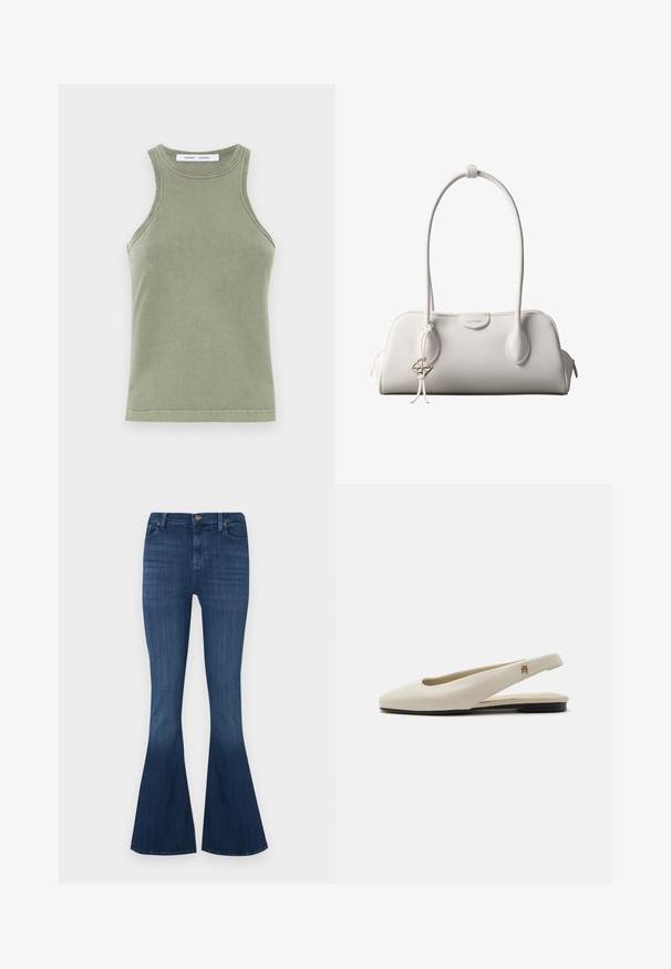 Olivengrøn tanktop lavet af blødt bomuld, med rund halsudskæring, ærmeløs design og syede kanter. Enkel, tætsiddende form.; Denim flared jeans i en mørkeblå vask, med en tætsiddende talje, fem lommer og en klassisk knaplukning. Glat tekstur med let stræk.; Flatsko i cremefarvet læder med rundet tå og lille guldemblem på remmen.; Hvid Calvin Klein skuldertaske med lange håndtag, rektangulær form, lynlåslukning og dekorativt logohæng tæt på håndtaget.