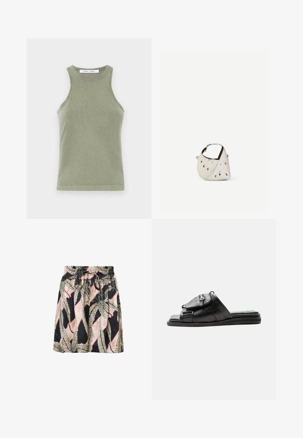 Top sin mangas de color verde oliva, confeccionado en suave algodón, con escote redondo y bordes cosidos. Forma sencilla y ajustada.; Falda con estampado floral sobre un fondo negro, con cintura elástica, detalle de cordón y una textura ligera y suave.; Sandalia tipo slide de cuero negro con suela acolchada y detalle de bolsillo con cremallera en la parte delantera de la correa.; Pequeño bolso blanco con manchas marrones, forma triangular redondeada, forro interior negro y correa corta ajustable con hebilla plateada.