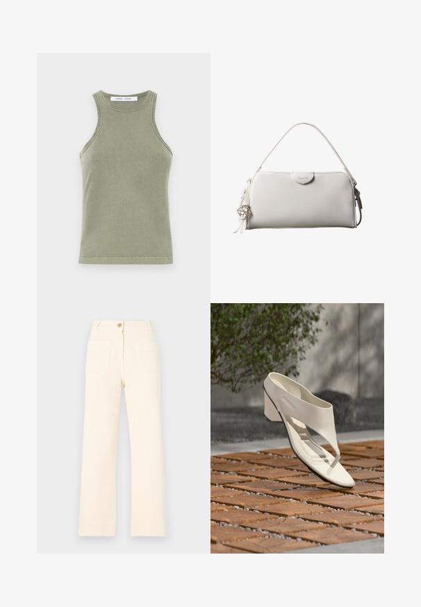Olivgrünes Tanktop aus weicher Baumwolle, mit Rundhalsausschnitt, ärmellosem Design und genähten Kanten. Schlichte, taillierte Form.; Beige weit geschnittene Baumwollhose mit einer Frontknopfverschlüsse und zwei großen Gesäßtaschen. Glatte Textur und fertiger Saum.; Weißer Ledersandalette mit hohem Absatz, breitem Riemen und Zehensteg, im Freien auf einer Holz- und Kiesfliesenfläche mit Grün im Hintergrund gezeigt.; Weiße rechteckige Calvin Klein Handtasche mit einem einzelnen Henkel, minimalistischem Design und dekorativen Quasten mit geometrischem Metallanhänger an der Seite.