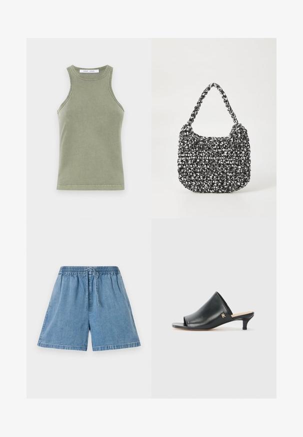 Top sin mangas de color verde oliva, confeccionado en suave algodón, con escote redondo y bordes cosidos. Forma sencilla y ajustada.; Pantalones cortos de mezclilla en azul claro con cintura elástica y cordón. Cuentan con bolsillos laterales y un ajuste relajado con dobladillos cosidos.; Mules de cuero negro de punta abierta con un tacón bajo. Presentan una superficie lisa y un acento del logo dorado en el costado.; Bolso de mano tejido en blanco y negro con forma redondeada, superficie texturizada y asa trenzada. Adecuado para uso casual.