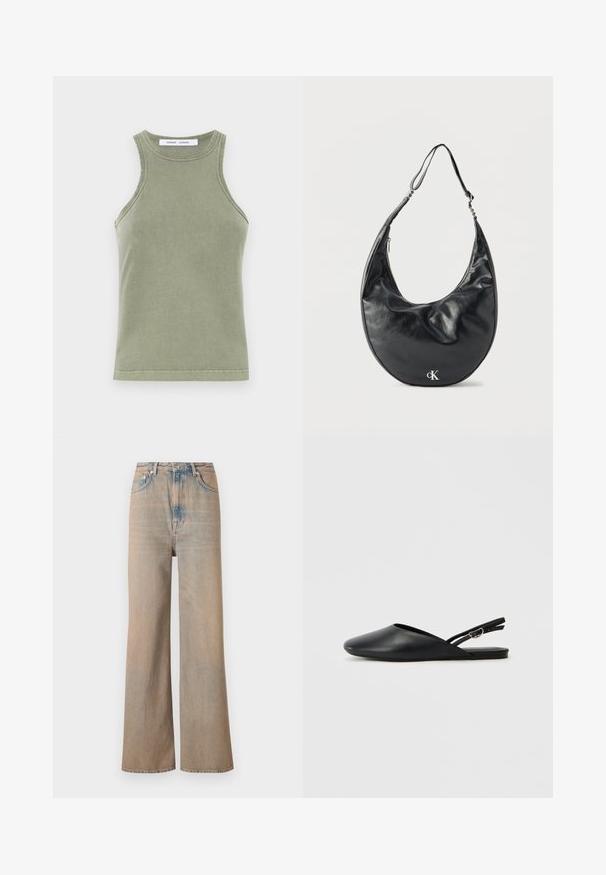 Olivgrünes Tanktop aus weicher Baumwolle, mit Rundhalsausschnitt, ärmellosem Design und genähten Kanten. Schlichte, taillierte Form.; Helle, weit geschnittene Jeans mit hoher Taille, aus Denim gefertigt. Verfügt über dezente Nähte und fünf Taschen, mit einer leicht verblassten Textur.; Schwarze Leder-Slingback-Schuhe mit spitzem Zehenbereich, geschwungenem Design und verstellbarem Schnallenriemen. Glatte Textur, flache Sohle, minimale Details.; Schwarze, halbmondförmige Lederschultertasche mit verstellbarem Riemen und silbernem "cK"-Logo auf der Vorderseite, vor weißem Hintergrund.