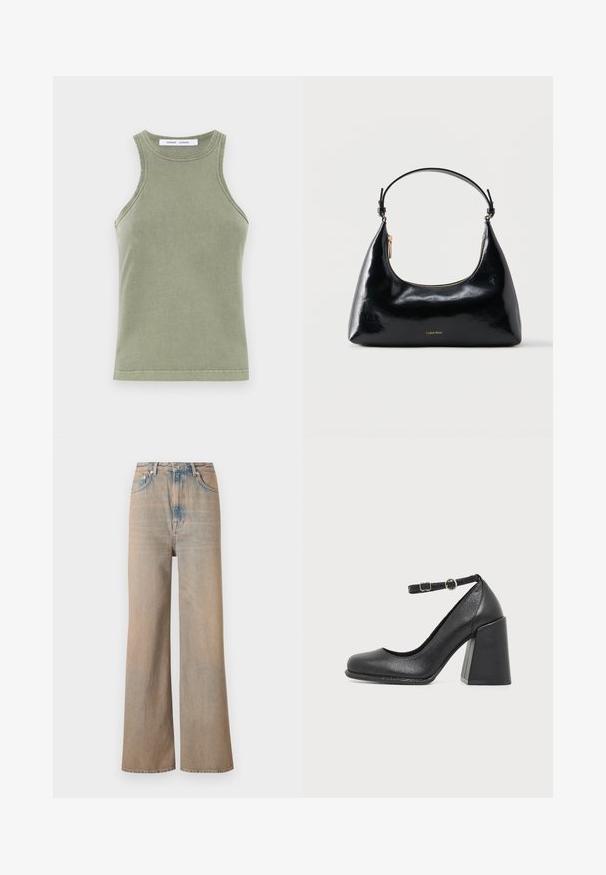 Débardeur vert olive en coton doux, avec un col rond, sans manches et des bords cousus. Forme simple et ajustée.; Jean large en délavé clair à taille haute, en denim. Comprend des coutures discrètes et cinq poches, avec une texture légèrement décolorée.; Chaussure à talon haut en cuir noir avec un bout arrondi et un talon épais en bloc, avec une bride de cheville réglable et une petite boucle ronde.; Sac à main Calvin Klein noir brillant avec fermeture éclair dorée et anse courte sur fond blanc uni.