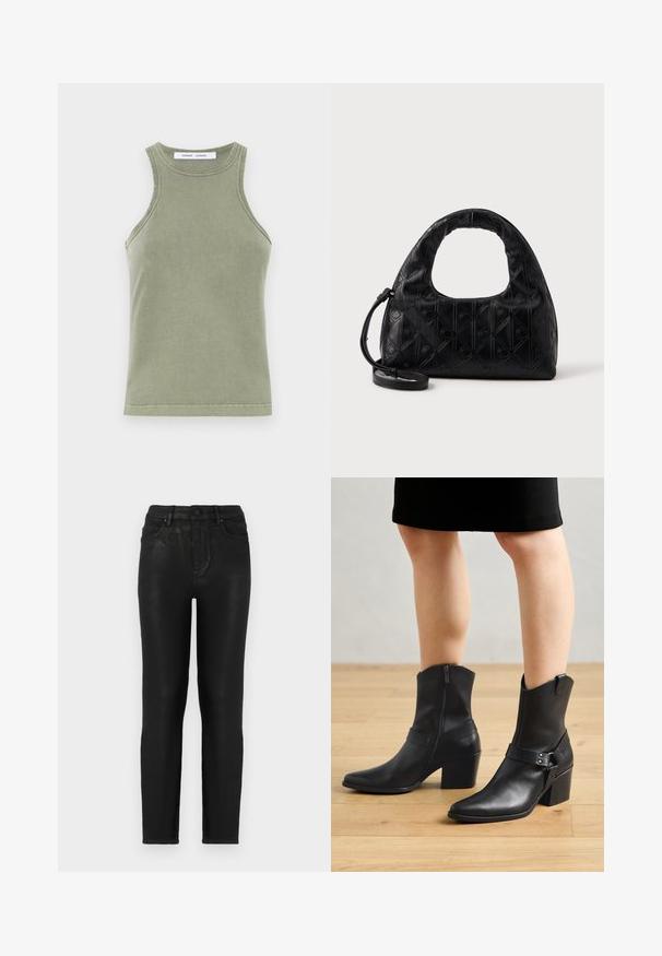Olijfgroene tanktop van zachte katoen, met een ronde halslijn, mouwloos ontwerp en gestikte randen. Eenvoudige, getailleerde stijl.; Zwarte denim jeans met een slim fit, voorzien van een hoge taille, klassiek vijf-pocketontwerp en een subtiele glanstextuur. Standaard voorste knoopsluiting.; Zwarte leren enkellaarzen met een puntige neus, ritssluiting, gebogen hak en een decoratieve band met metalen accenten.; Zwarte leren handtas met een gebogen bovenhandvat, subtiel diamantenpatroon en een afneembare schouderband. De textuur is glad met geperste details.