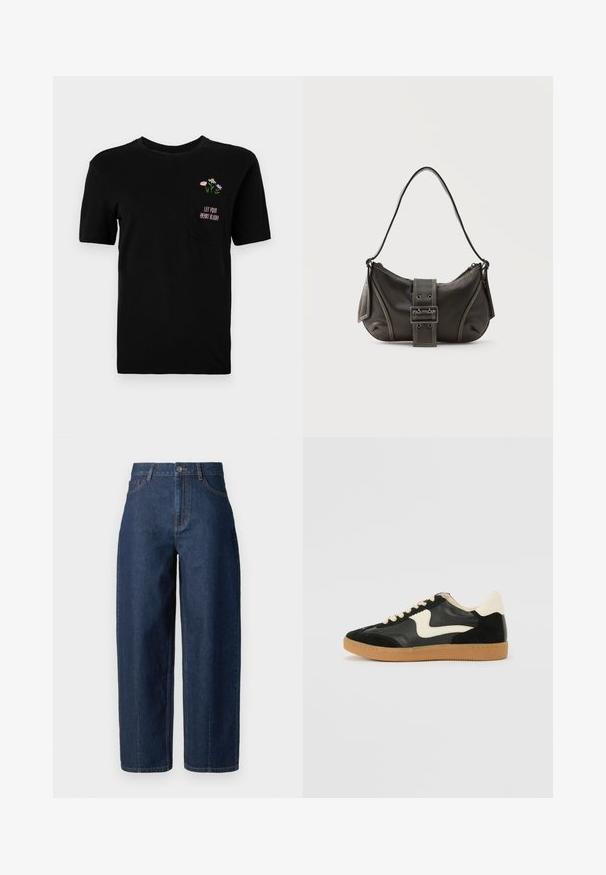T-shirt noir à manches courtes avec poche poitrine présentant de petites fleurs colorées et le texte « Laissez votre cœur s’épanouir » en rose.; Jeans en denim bleu foncé taille haute, à jambe droite, avec fermeture à boutons, passants de ceinture, et poches avant et arrière, sur fond blanc.; Baskets en daim et cuir noir avec un swoosh latéral crème et un talon crème clair. Dotées de lacets beige et d'une semelle en caoutchouc gomme.; Sac à épaule en cuir noir avec une sangle à boucle, des bords arrondis et des coutures blanches contrastées sur un fond uni.