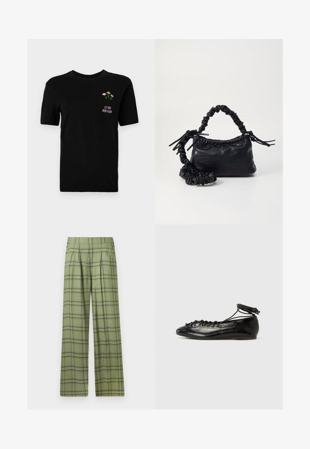 Zwart T-shirt met korte mouwen en borstzakje met kleine kleurrijke bloemen en de tekst "Let Your Heart Bloom" in het roze.; Groene wijde broek met een zwart plaid patroon en een hoge tailleband, voorplooien en zijzakken.; Zwarte ballerina's van lakleer met een afgeronde neus, veterdesign en een platte zool. Glad oppervlak met minimale details.; Zwarte nepleer handtas met een krokodillenstructuur, opgedroogde bovenkant en een gekreukte hengsel. Het lijkt zacht en compact van ontwerp.