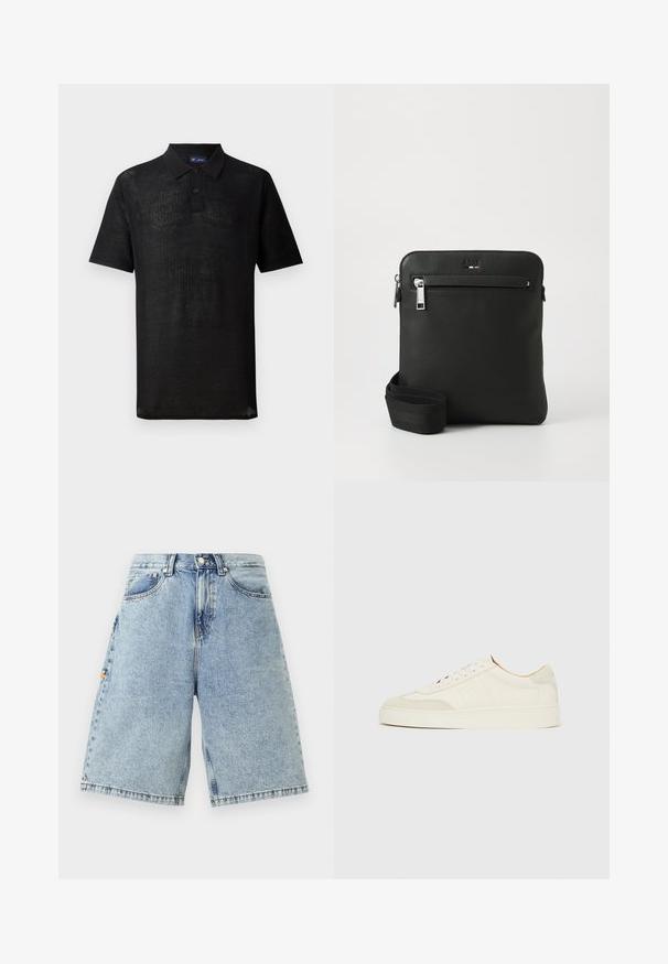 Schwarzes Polohemd aus strukturiertem Strickstoff. Mit kurzen Ärmeln, einem Kragen und einer Knopfleiste mit drei Knöpfen. Leichtes Design, lässige Passform.; Blaue Denim-Shorts mit hoher Taille, lockerem Sitz, fünf Taschen und sichtbaren Nähdetails. Glatte Textur mit einem hellen Waschfinish.; Weiße Wildleder-Sneaker mit glatter Oberfläche, rundem Zehenbereich, flachem Schnürdesign und kontrastierenden, strukturierten Akzenten. Mit einem dezenten Logodetail versehen.; Schwarze Leder-Umhängetasche mit flachem Design, strukturierter Oberfläche, Reißverschluss, Vordertasche und verstellbarem Stoffriemen.