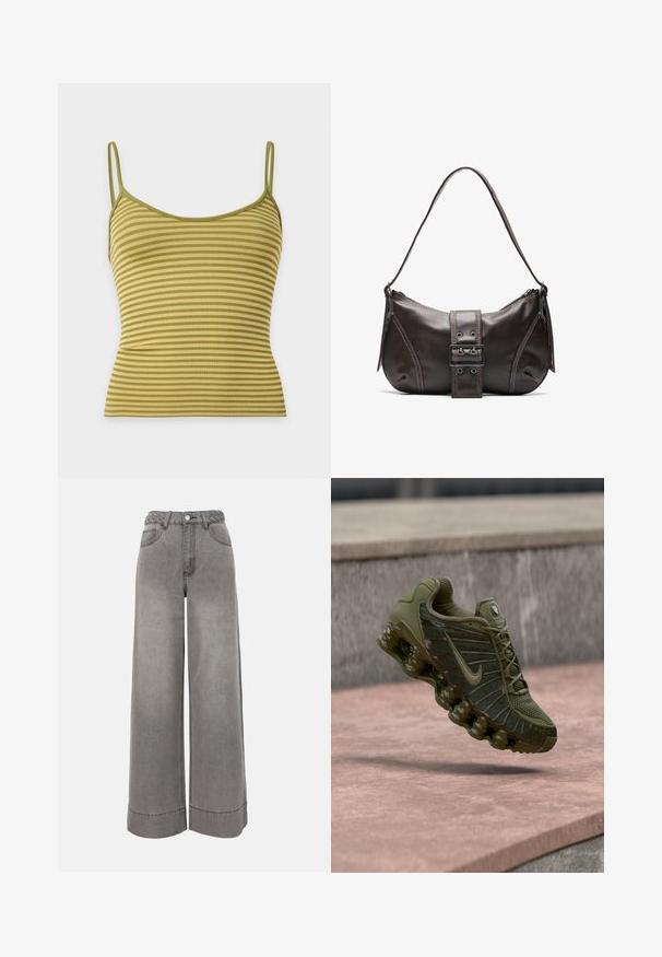 Πράσινο και μπεζ ριγωτό ριμπ ύφασμα crop top χωρίς μανίκια με λεπτές τιράντες ώμων σε απλό ανοιχτό φόντο.; Γκρι τζιν παντελόνι με υψηλή μέση και φαρδύ πόδι, με πλεγμένη ζώνη, εμπρόσθιες τσέπες, κουμπιά κλεισίματος και γυρισμένα τελειώματα.; Αθλητικό παπούτσι Nike σε ελιά πράσινο, με επάνω μέρος από δίχτυ με υφασμένα πάνελ, μαλακή σόλα και ορατή αερόσολα για άνεση.; Καφέ δερμάτινη τσάντα ώμου με καμπύλη μορφή, που διαθέτει έντονη διάκοσμηση από κούμπωμα, αντίθετη ραφή και μία μόνο λουρί ώμου.