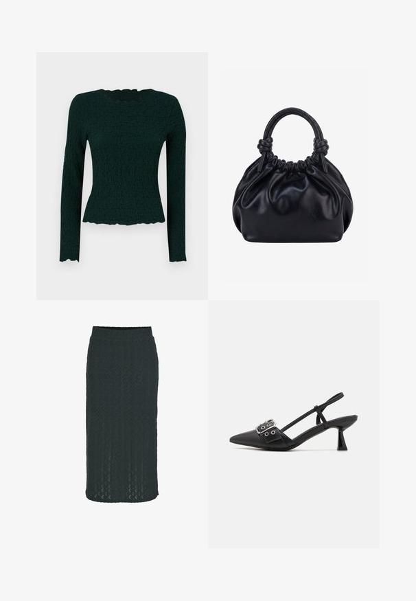 Mørkegrøn langærmet top med en tekstureret stof og en bølget kant. Slim fit med strækbart materiale.; Knælængde blyantskirt i mørkegrøn, lavet af struktureret strikstof med et geometrisk mønster og elastisk talje for komfort.; Simmi London DALA - Pumps - black; Sort blød læderhåndtaske med samlet top og to tykke håndtag bundet i knuder mod en ensfarvet lys baggrund.