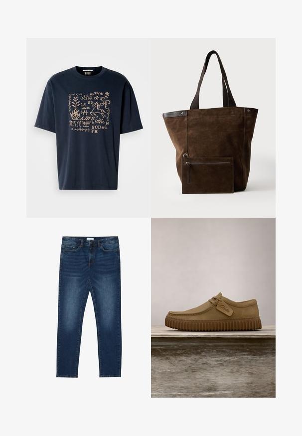 Marineblå bomulds T-shirt med et lys beige grafisk design med planter og dyr, herunder en hest, samt tekstelementer. Rund halsudskæring.; Mørkeblå slim-fit jeans med falmede detaljer, klassisk fem-lomme design, knappelukning og bæltestropper.; Lysebrune ruskindsko med rund tå, syet detaljer og en ribbet brun gummisål. Har et sidemærke med "Clarks" logo.; Mørkebrun ruskindstaske med sorte håndtag og en tilsvarende rektangulær lynlåspung fastgjort foran.
