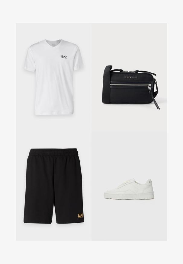 Hvid bomulds T-shirt med v-udskæring, korte ærmer, prydet med et sort EA7-logo på venstre bryst. Glat tekstur, enkelt design.; Sorte atletiske shorts lavet af blødt stof, med en elastisk talje og et lille gult EA7-logo nederst på venstre ben.; Hvide lædersneakers med en glat overflade, rund tå, flade snørebånd og en tekstureret sål. Har et diskret logo på hælen.; Sort nylon crossbody-taske med sølvfarvet hardware, en lynlås i toppen, frontlomme og præget logo. Justerbar rem inkluderet.