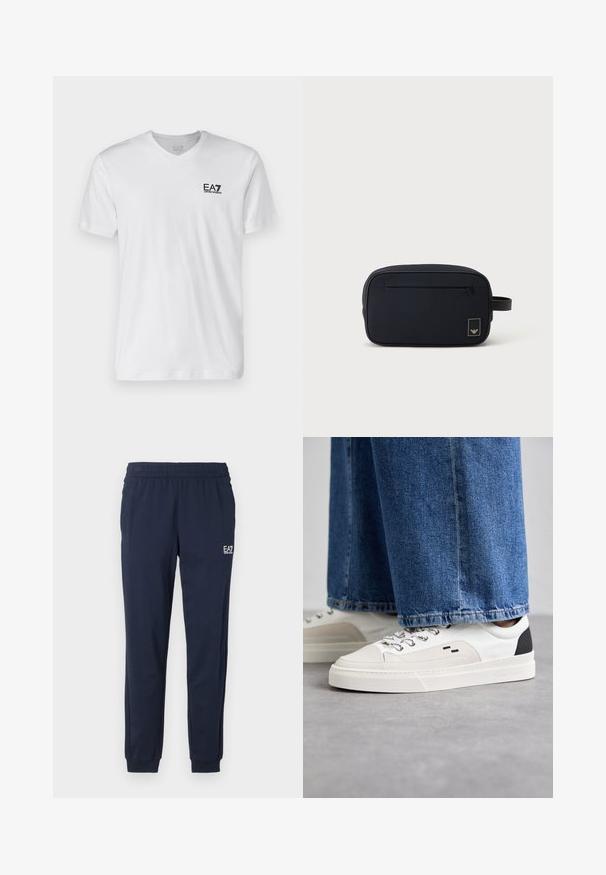 Hvid bomulds T-shirt med v-udskæring, korte ærmer, prydet med et sort EA7-logo på venstre bryst. Glat tekstur, enkelt design.; Mørkeblå sweatpants med elastisk talje og manchetter. Har et lille hvidt logo på venstre ben. Fremstillet af et blødt, strækbart materiale.; Hvide og sorte sneakers med en glat læderoverdel, teksturerede detaljer og en kraftig hvid sål. Har et klassisk snørebåndsdesign.; Sort rektangulær toilettaske med lynlåslomme foran og lille logopatch, med en sidesnor.