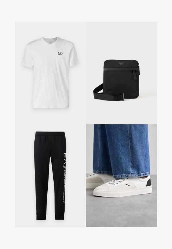 Weißes Baumwoll-T-Shirt mit V-Ausschnitt und kurzen Ärmeln, ausgestattet mit einem schwarzen EA7-Logo auf der linken Brust. Glatte Textur, schlichtes Design.; Schwarze Sweatpants aus Baumwollmischung mit elastischem Taillenbund, schmal zulaufenden Beinen, gerippten Bündchen und weißem Logo-Druck entlang der Seite.; Weiße und schwarze Sneaker mit einem Obermaterial aus glattem Leder, strukturierten Akzenten und einer massiven weißen Sohle. Verfügt über ein klassisches Schnürdesign.; Schwarze quadratische Schultertasche mit Reißverschluss, Vordertasche und verstellbarem Riemen mit eingeprägtem Markennamen.