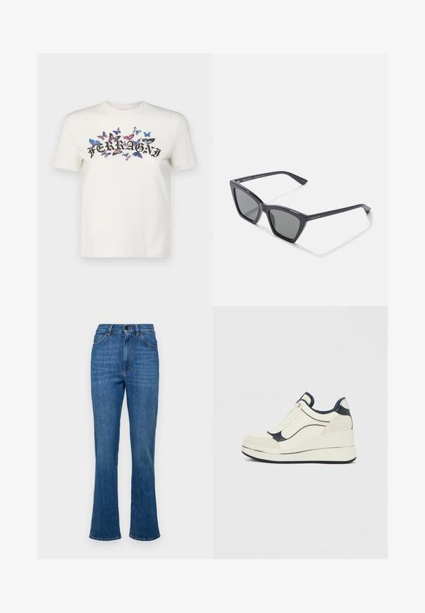 Hvid bomulds t-shirt med korte ærmer, der har et sort trykt "FERRAGNI" logo omgivet af farverige sommerfugledesign.; Denim flared jeans i mellemblå med høj talje, fem lommer og tonalt syninger. Har en knap og lynlås lukning.; Platform-sneakers i creme og navy, med en tekstureret overdel, glatte detaljer og en synlig kilehæl med metallisk finish.; Sorte plastik solbriller med en geometrisk katteøjeform, mørkegrå linser og en mat finish. Funktioner sølvbranding på stænger.