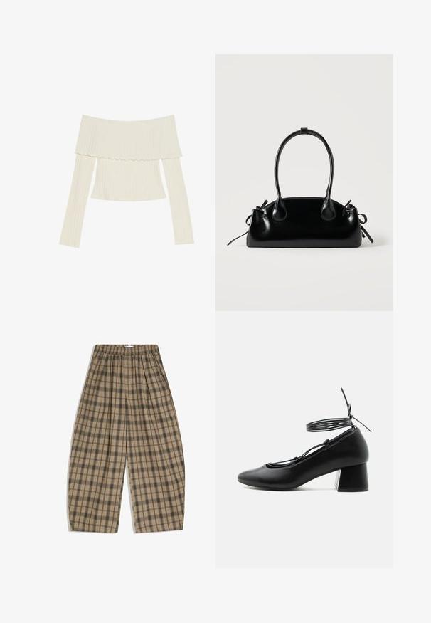 Top en crème à bretelles dénudées, présentant un col à volants et des manches longues avec une silhouette ajustée. Texture globale lisse.; Pantalon beige à coupe ample avec motif à carreaux noirs, taille élastique et poches latérales, présenté à plat sur un fond blanc.; Chaussure en cuir noir à talon moyen, bout pointu, brides croisées et lien de cheville autour sur fond blanc.; Petit sac à main noir brillant avec deux longues anses et des détails à cordon sur les côtés sur un fond clair uni.