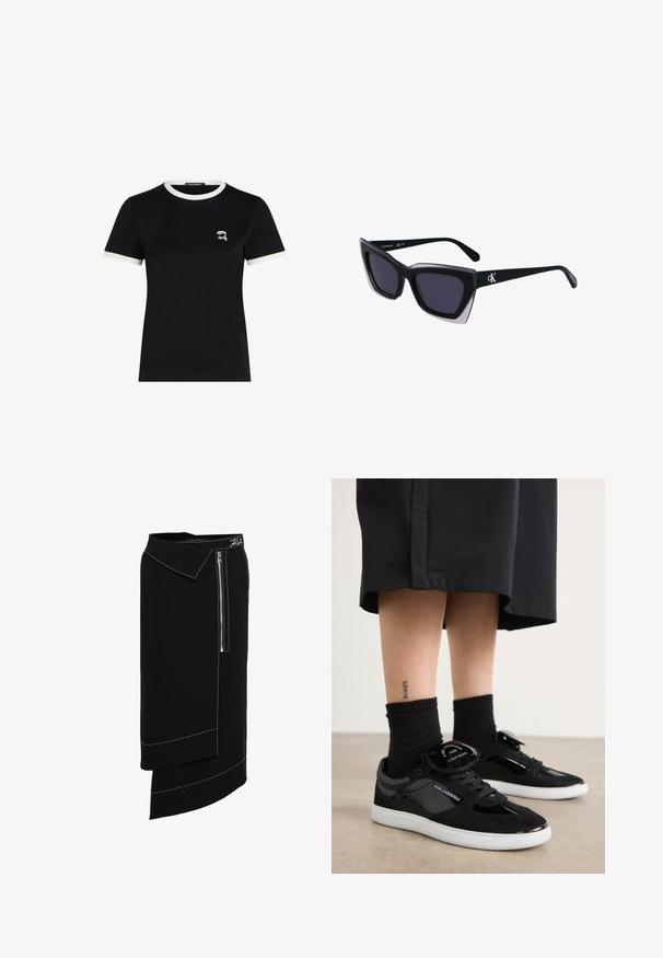 Camiseta negra de manga corta hecha de algodón, con un cuello de canalé blanco en contraste y un pequeño diseño bordado en el pecho.; Falda negra midi con un cuello ancho, que cuenta con un cierre de cremallera lateral, acentos de costura blanca y un diseño de dobladillo asimétrico. Textura suave.; Zapatillas negras con materiales de ante y charol, con una suela blanca, diseño de cordones y un acento de lengua de marca.; Gafas de sol negras de gran tamaño con una forma geométrica, que presentan lentes oscuros y un detalle gris contrastante en la montura. Logo en la pata.