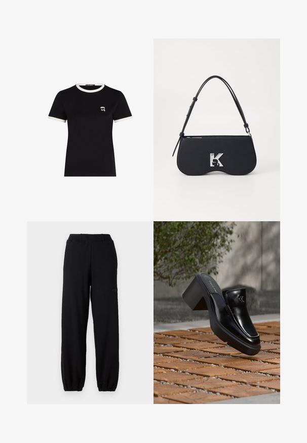 Camiseta negra de manga corta hecha de algodón, con un cuello de canalé blanco en contraste y un pequeño diseño bordado en el pecho.; Pantalones de chándal negros hechos de una mezcla de algodón, con cinturilla elástica y tobillos ajustados. Detalle sutil del logo en el lateral.; Mule tipo slip-on de cuero negro de Calvin Klein con tacón de bloque descansando sobre baldosas de madera al aire libre cerca de una planta verde y una pared gris.; Bolso negro con forma curva, material texturizado, logotipo plateado y una correa delgada. Cierre superior con cremallera y características de diseño minimalista.