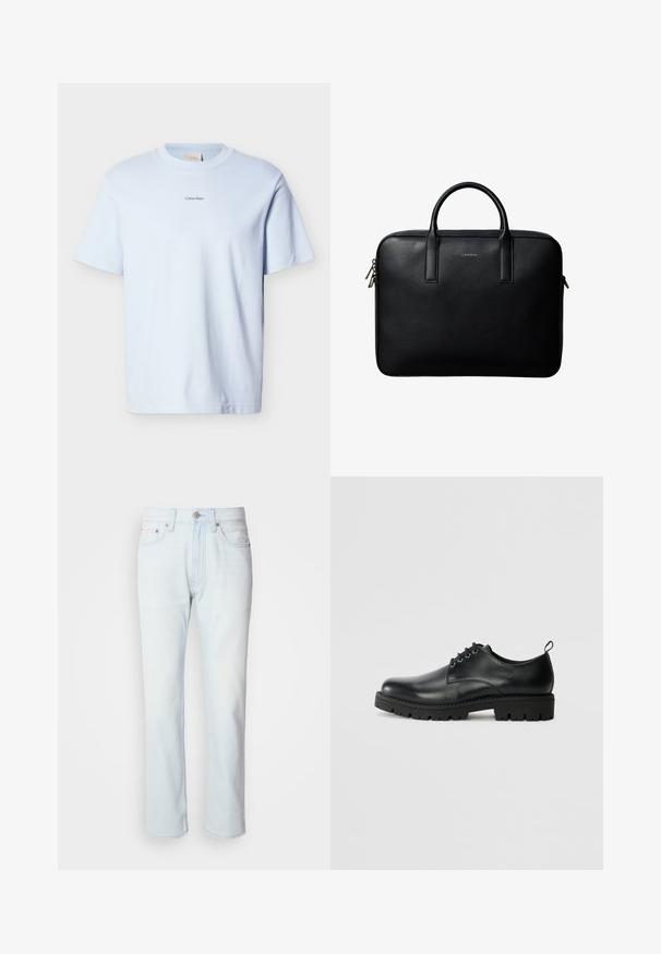 T-shirt en coton bleu clair avec col rond et manches courtes, arborant un petit logo "Calvin Klein" imprimé en noir sur la poitrine.; Jean en denim bleu clair avec une coupe droite. Présente une fermeture à bouton et des passants de ceinture, mettant en valeur une texture décolorée et des coutures minimalistes.; Chaussure en cuir noir à bout arrondi, présentant un design à lacets, une semelle en caoutchouc noire robuste et un petit onglet de talon à l'arrière.; Mallette en cuir noir texturé avec double poignées et tirettes de fermeture éclair argentées, centrée sur fond blanc.