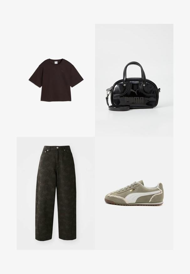 Camiseta negra lisa de manga corta con cuello redondo, con un pequeño logo de Puma en el pecho izquierdo y una etiqueta dentro del cuello.; Pantalones de pierna ancha verde oscuro con un patrón floral texturizado, diseño de cinco bolsillos y cierres de botón metálicos en la cintura.; Zapatillas de ante verde con acentos de cuero blanco, costuras texturizadas, parte frontal con cordones y suela de goma. Presenta detalles de diseño únicos a lo largo de los lados.; Bolso de mano de charol negro con dos asas superiores, correa para el hombro desmontable, forma redondeada y destacado logo en relieve de "PUMA".