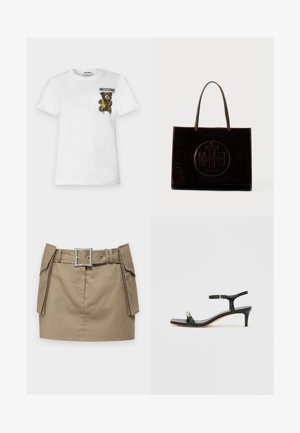 Valge lühikeste varrukatega t-särk, millel on väike pruun kaisukaru, mähitud kollasesse mõõdulinti ning tekst "MOSCHINO" ülemisel vasakul rinnal.; Khaki mini seelik laia vööga, millel on ruudukujuline hõbedane pandla, küljetaskud ja sile, vastupidav kangast tekstuur.; Mustast nahast kontsaga sandaal pahklipaelaga, avatud varbaga, ruudukujulise esiosa ja hõbedase riistvaralist rõhutusega. Lõigatud disain ja sujuv profiil.; Tumepruun nahast käekott krokodillimustriga ja suure ümmarguse tõstetud logoga esiosas, millel on kaks käepidet.