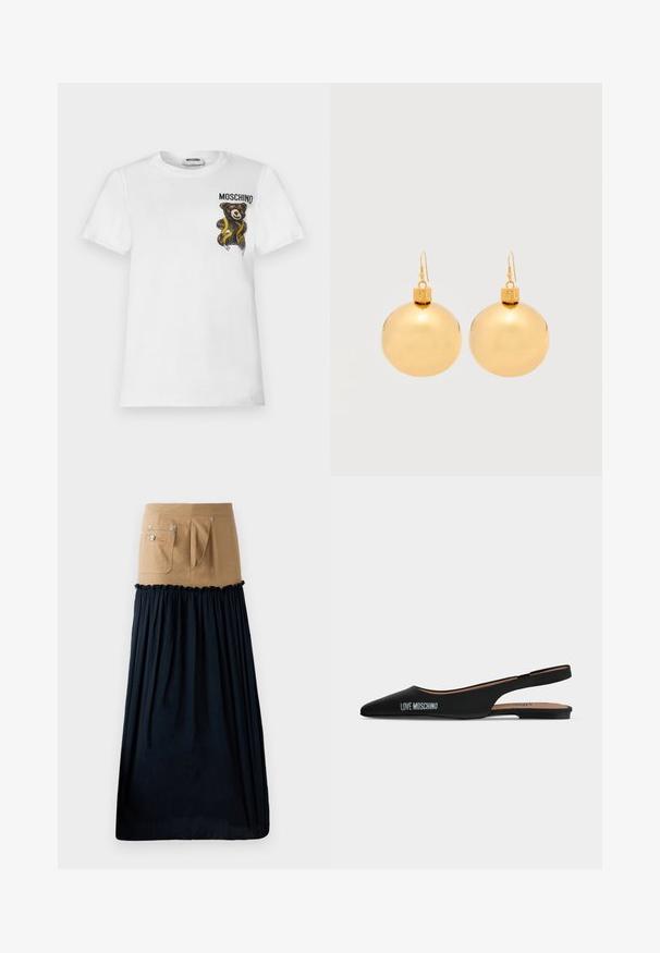 Camiseta blanca de manga corta con un pequeño oso de peluche marrón envuelto en una cinta métrica amarilla y texto "MOSCHINO" en la parte superior izquierda del pecho.; Falda de denim marrón con detalle de volantes de crepé azul marino; cuenta con bolsillos y accesorios de metal plateado; combina una parte superior estructurada con una sección inferior fluida.; Zapato plano slingback negro punteado con tacón bajo y logo "LOVE MOSCHINO" en el lateral sobre un fondo claro liso.; Par de pendientes de bola navideña dorados brillantes con cierre de gancho sobre un fondo blanco liso.