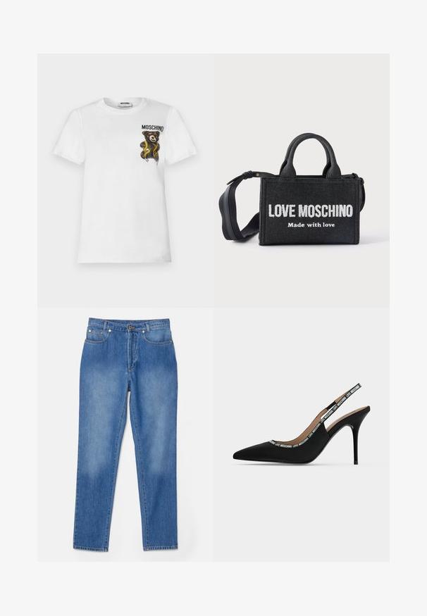 T-shirt blanc à manches courtes avec un petit ours en peluche marron enveloppé dans un ruban à mesurer jaune et le texte "MOSCHINO" sur la partie supérieure gauche de la poitrine.; Jean en denim bleu avec une coupe droite, cinq poches, accents en métal doré et décoloration subtile près des genoux.; Chaussure noire à bout pointu, bride arrière, talon haut stiletto fin avec le texte "LOVE MOSCHINO" sur la lanière et le bord.; Sac à main rectangulaire noir avec poignées courtes et bandoulière réglable, avec texte blanc "LOVE MOSCHINO Made with love" sur le devant.