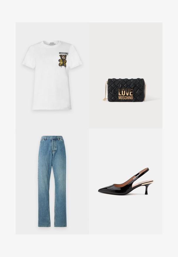 Witte T-shirt met korte mouwen met een klein bruin teddybeertje gewikkeld in een gele meetlint en de tekst "MOSCHINO" op de bovenste linkerborst.; Lichtblauwe denim jeans met een recht model, vijf zakken en een zichtbare tailleband. De textuur is iets versleten maar intact.; Zwarte lakleren slingback pump met puntige neus en lage kittenheel op een eenvoudige witte achtergrond.; Zwarte doorgestikte crossbodytas met gouden kettingriem en groot gouden "LOVE MOSCHINO" logo aan de voorkant.