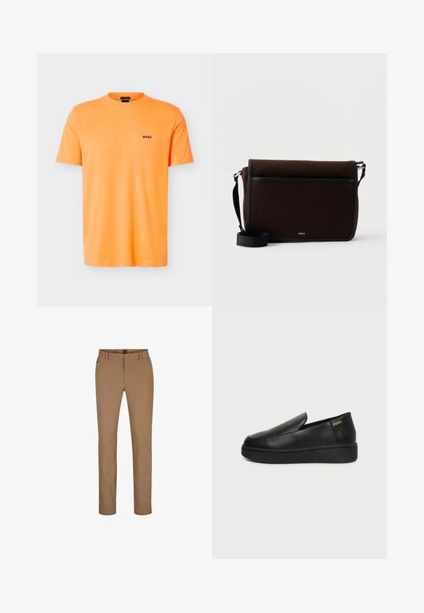 Camiseta de manga corta naranja brillante con cuello redondo y pequeño logo negro "BOSS" en el pecho izquierdo, diseño sencillo sobre fondo blanco.; Pantalones marrones claros de mezcla de algodón con un diseño de pierna recta, bolsillos frontales y cremallera. Hardware mínimo y sin patrones visibles.; Zapato de cuero negro tipo slip-on con suela gruesa y pequeños orificios de ventilación laterales, con el logo dorado de "HUGO" cerca del talón.; Bolso mensajero de tela marrón oscuro con correa negra ajustable y pequeño logo plateado "BOSS" en la solapa frontal.