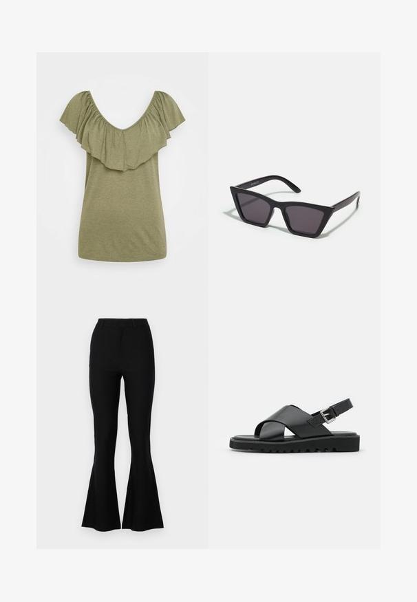 ONLY ONLLIA FRILL - T-shirt basique - desert sage; Pantalons évasés noirs en tissu lisse, avec une taille ajustée, des jambes droites et un ourlet évasé. Aucun motif ou accent notable.; Sandales en cuir noir avec un design à lanières croisées, boucle réglable et semelle texturée avec des crans pour une meilleure adhérence.; Lunettes noires angulaires avec des verres gris ; fabriquées en plastique, avec des branches épaisses à la surface lisse et sans matériel visible.