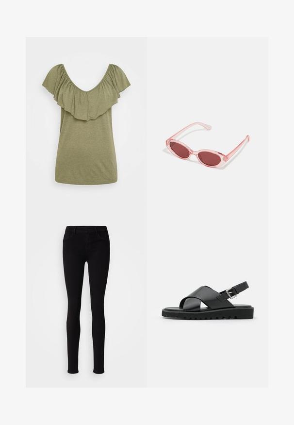 ONLY ONLLIA FRILL - T-shirt basic - desert sage; Zwarte slim-fit broek met knoopsluiting, riemlussen en zijzakken, weergegeven tegen een effen lichte achtergrond.; Zwarte leren sandalen met een kruisbandontwerp, verstelbare gesp en een gestructureerde zool met ribbels voor grip.; Roze transparante zonnebril met ovale lenzen, donkerrode tint en slanke pootjes, met een gladde afwerking en subtiele details op het frame.