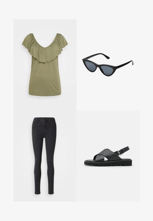 ONLY ONLLIA FRILL - T-Shirt basic - desert sage; Schwarze, schmale Jeans aus Denim. Mit High Waist, Reißverschluss und Knopfverschluss sowie fünf Taschen. Glatte Textur, ohne Verzierungen.; Schwarze Leder-Sandalen mit einem Kreuzriemen-Design, verstellbarem Schnallenverschluss und strukturierten Sohlen mit Rippen für besseren Halt.; Schwarze Cat-Eye-Sonnenbrille mit dunkelgrauen Gläsern, schlankem Kunststoffrahmen, spitzen Ecken und geraden Bügeln. Keine sichtbaren Befestigungen oder Akzente.