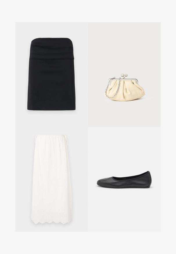 Jupe noire ajustée avec une texture lisse, présentant un design simple et épuré avec une silhouette droite. Aucun matériel ou motif visible.; DESIGNERS REMIX LUNA MAXI SKIRT - Jupe longue - cream; Ballerines en cuir noir avec un bout rond, texture lisse, détails de couture minimalistes et design de semelle flexible.; Pochette en cuir beige plissé avec un cadre en métal argenté, dotée de deux fermoirs ronds décoratifs et d'une chaîne en argent.