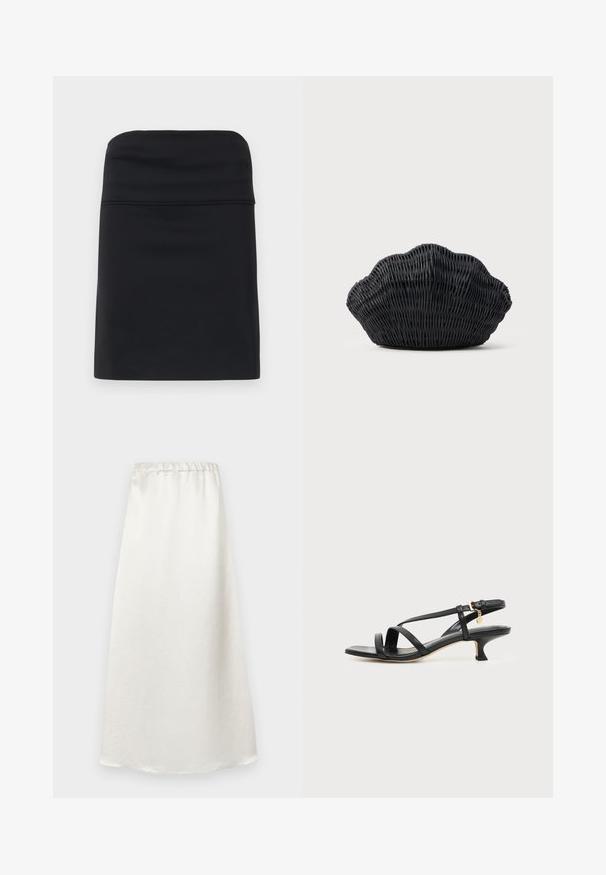 Jupe noire ajustée avec une texture lisse, présentant un design simple et épuré avec une silhouette droite. Aucun matériel ou motif visible.; Jupe blanche longueur cheville en tissu lisse et léger, avec une taille froncée et une finition texturée subtile.; Sandale noire en cuir à brides fines, talon bas kitten, boucle à la cheville et petit pendentif doré sur fond clair uni.; Sac à main en osier noir en forme de coquille Saint-Jacques avec un dessus courbé et une texture tressée sur un fond uni.