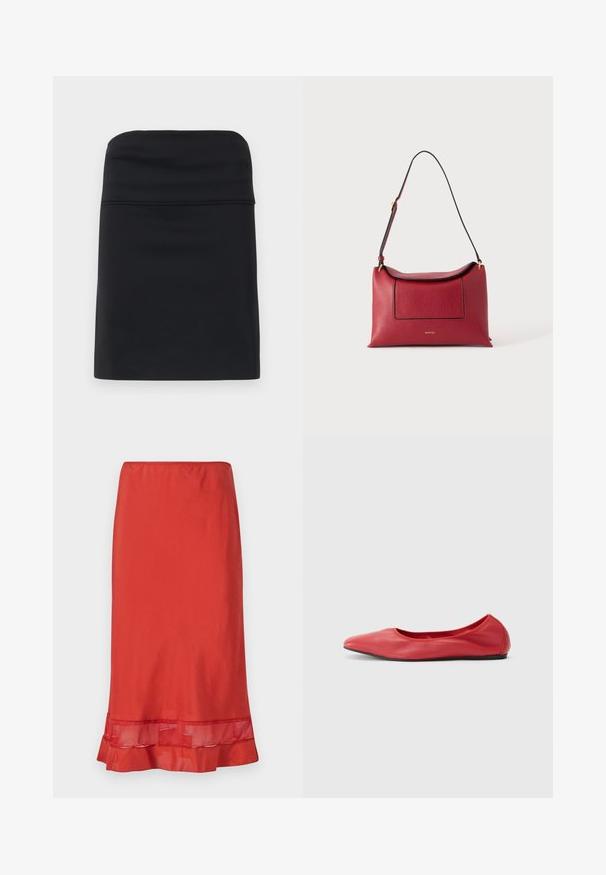 Jupe noire ajustée avec une texture lisse, présentant un design simple et épuré avec une silhouette droite. Aucun matériel ou motif visible.; Jupe rouge en tissu lisse, avec une accent en maille au ourlet. La jupe présente une silhouette ajustée avec un bas froncé.; Filippa K REY FLATS - Ballerines - bright red; Sac à épaule en cuir rouge avec garniture noire, une poche avant et une sangle réglable sur un fond blanc uni.