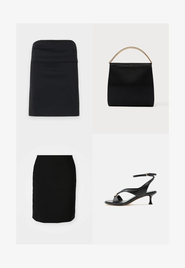 Zwarte aansluitende rok met een gladde textuur, gekenmerkt door een eenvoudig, strak ontwerp en een rechte silhouet. Geen zichtbare onderdelen of patronen.; Zwarte pencil rok met een gladde textuur, rechte vorm en een lengte tot de knie. Geen zichtbare patronen of hardwaredetails.; Zwarte leren damessandaal met gebogen kittenheel, gekruiste bandjes en verstelbare enkelriem met kleine gouden gesp.; Zwarte tas van gladde stof met een gestructureerde vorm, een handvat van gouden ketting en een minimalistisch geometrisch ontwerp.