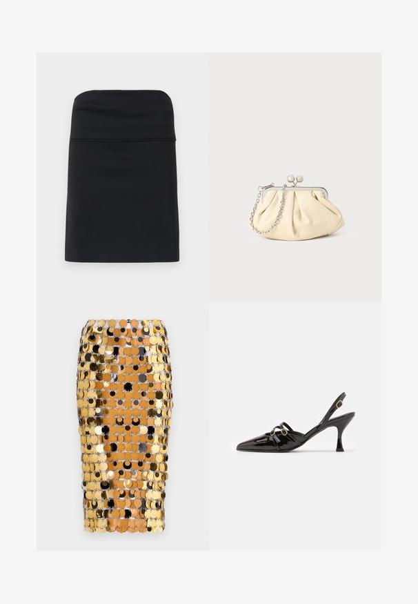 Zwarte aansluitende rok met een gladde textuur, gekenmerkt door een eenvoudig, strak ontwerp en een rechte silhouet. Geen zichtbare onderdelen of patronen.; Rabanne Kokerrok - brown/black; ALOHAS JOELLE ONIX - Klassieke pumps - black; Geplooide beige leren clutch met een zilveren metalen frame, voorzien van twee ronde decoratieve sluitingen en een zilveren kettingriem.