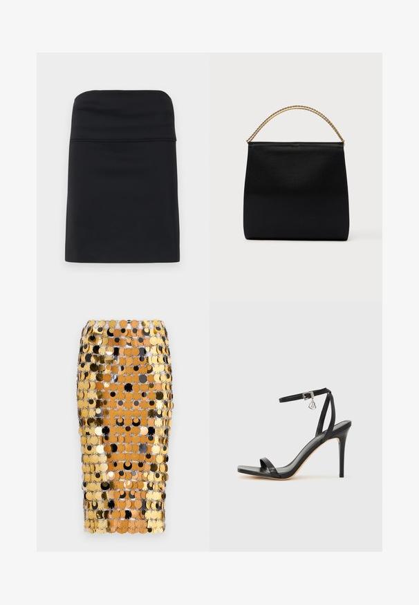 Jupe noire ajustée avec une texture lisse, présentant un design simple et épuré avec une silhouette droite. Aucun matériel ou motif visible.; Rabanne Jupe crayon - brown/black; Sandale à talon haut noire avec une bride étroite à la cheville, bout carré, cuir lisse et accent de boucle métallique.; Sac noir en tissu lisse, présentant une forme structurée, une poignée en chaîne dorée et un design géométrique minimaliste.