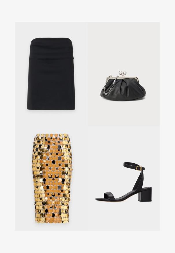 Jupe noire ajustée avec une texture lisse, présentant un design simple et épuré avec une silhouette droite. Aucun matériel ou motif visible.; Rabanne Jupe crayon - brown/black; Sandale noire à bout ouvert avec talon bloc et bride à la cheville ornée d'une petite boucle en or, vue de côté sur un fond uni.; Porte-monnaie en cuir noir avec texture froncée, cadre en métal argenté, fermeture à verrouillage kiss-lock et bandoulière en chaîne. Surface lisse et douce.