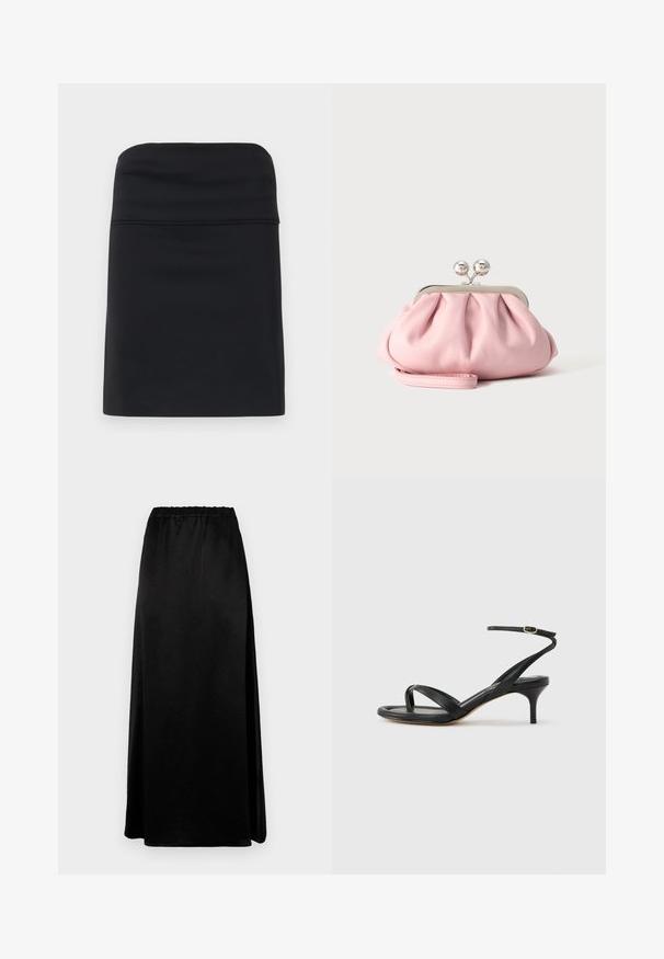 Zwarte aansluitende rok met een gladde textuur, gekenmerkt door een eenvoudig, strak ontwerp en een rechte silhouet. Geen zichtbare onderdelen of patronen.; Lange zwarte rok met een gladde, gekreukte textuur en een elastische tailleband. Voorzien van een zijsplit voor gemakkelijke beweging en een slanke silhouette.; Zwarte leren dames sandaal met dunne bandjes, een teengreep, een enkelgesp en een stilettohak van gemiddelde hoogte op een neutrale achtergrond.; Kleine zachte roze clutch met zilverkleurig metalen frame en ronde sluiting, liggend op een vlakke lichte ondergrond met polsriem vooraan gevouwen.